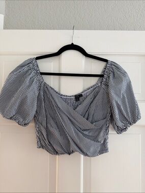 J. Crew Black & White Striped Puff-Sleeve Wrap Crop Top